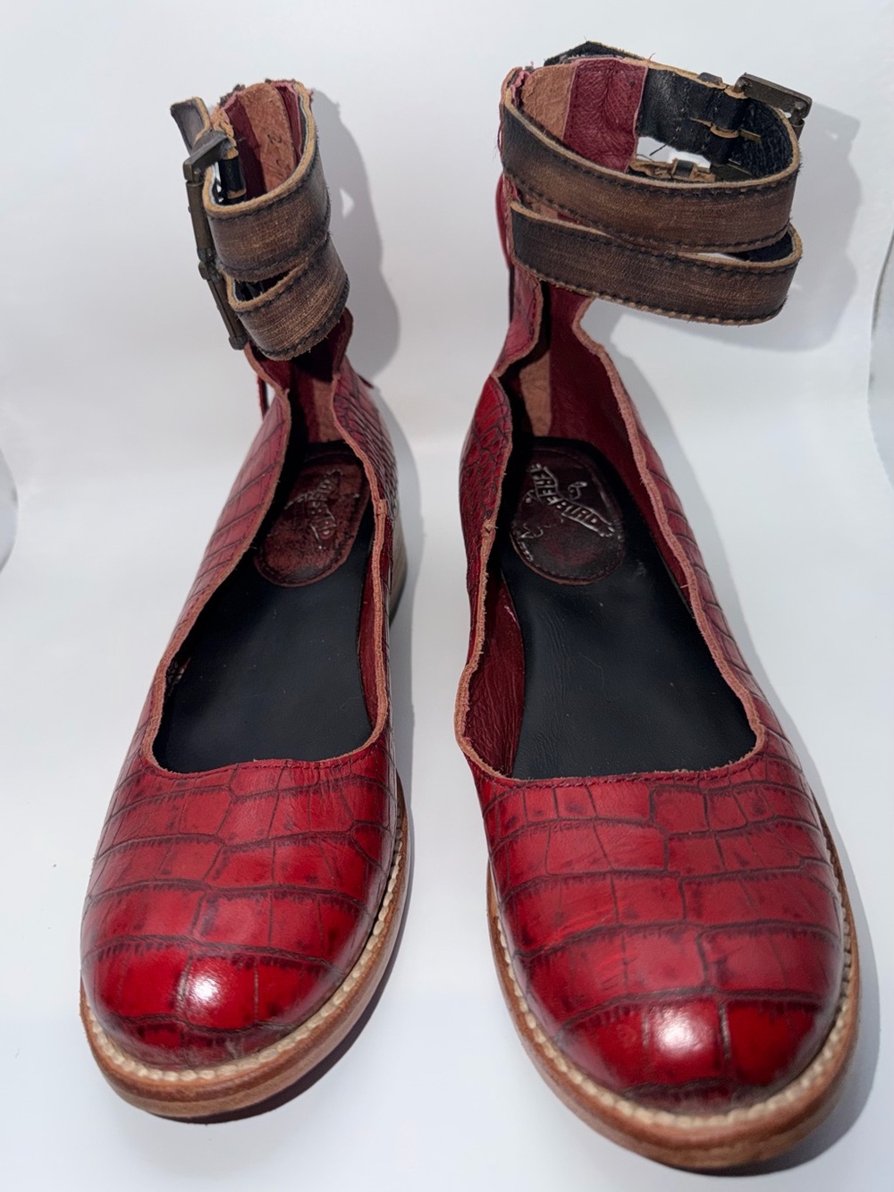 Freebird by Steven Red Croc-Embossed Ankle-Strap Flats